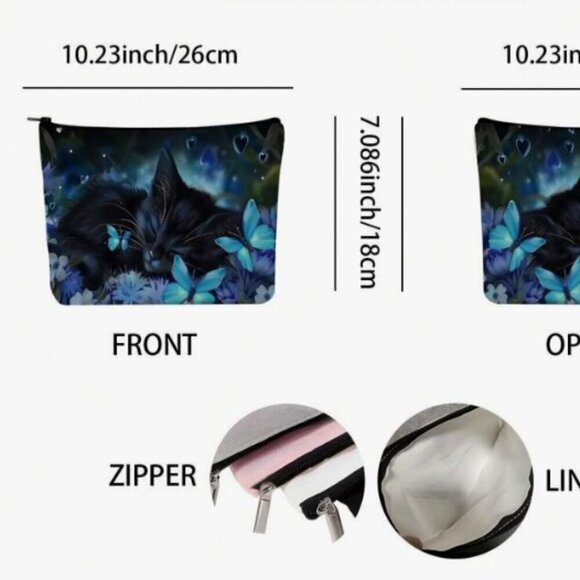 Sleeping Cat Makeup Bag with Butterflies Canvas Zipper NWT - Picture 7 of 8
